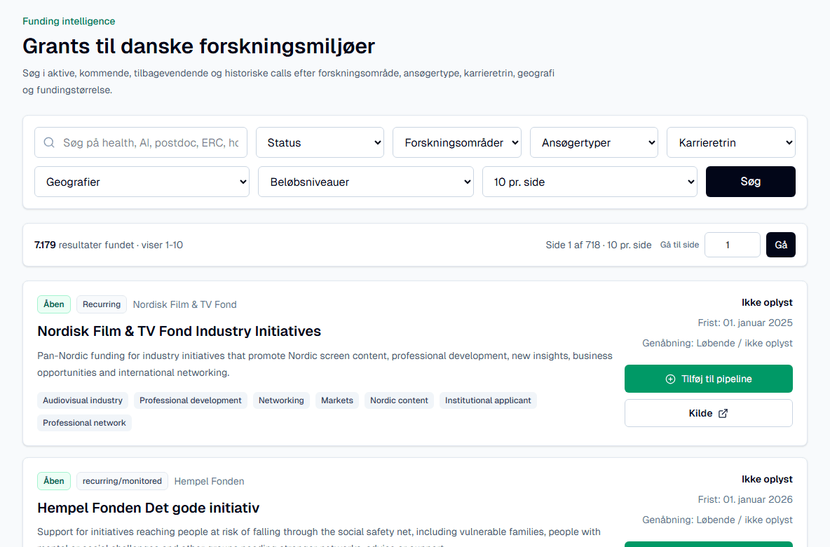 GoGrant grantsøgning med filtre for status, forskningsområde, ansøgertype, karrieretrin og fundingstørrelse